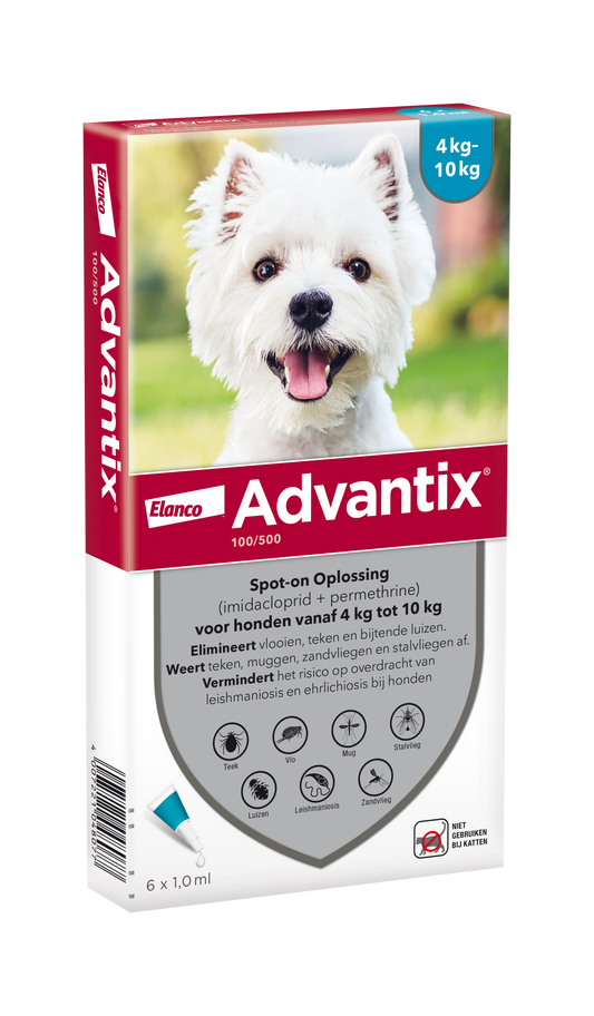 Advantix vlooien- en tekenpipet voor honden 100/500 (4 tot 10 kg) 6 pipetten