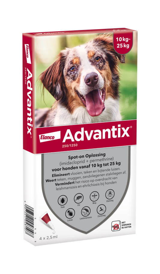 Advantix vlooien- en tekenpipet voor honden 250/1250 (10 tot 25 kg) 4 pipetten